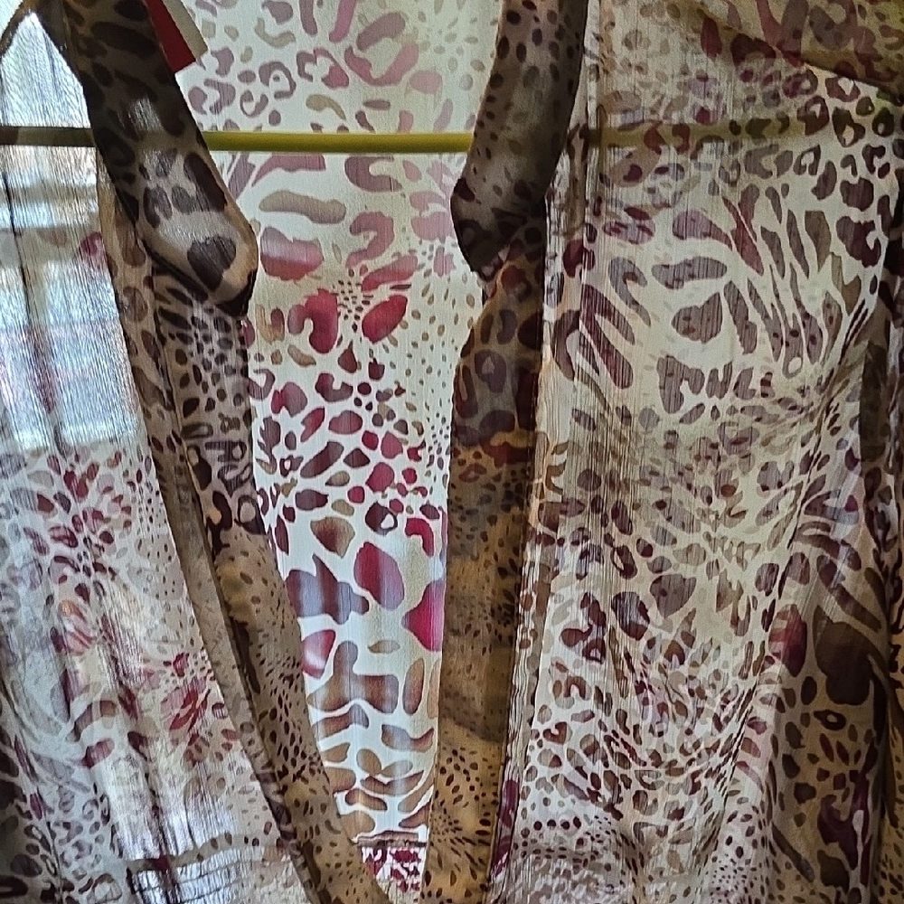 Fashion Bug Burgundy and Cream Animal Print  Front Tie Sheer Cover up Blouse